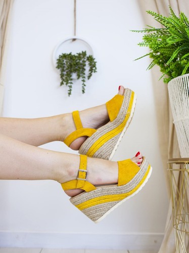 Ladies mustard strappy wedge - strappy,